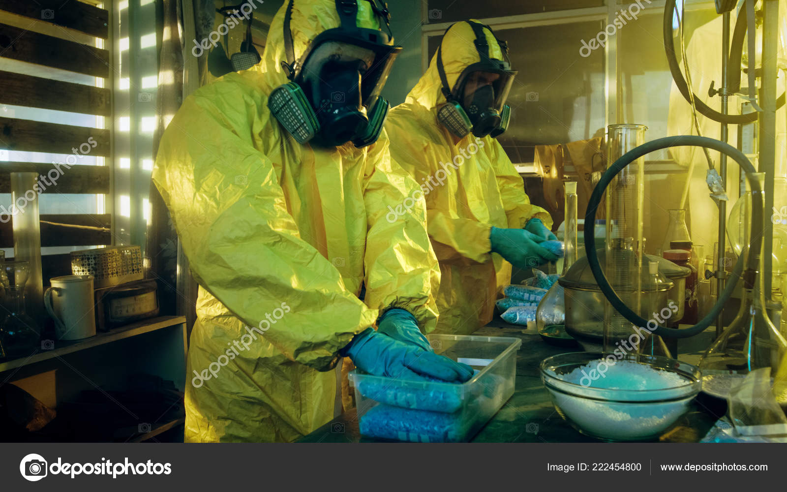 Underground Laboratory Two Clandestine Chemists Wearing Protective