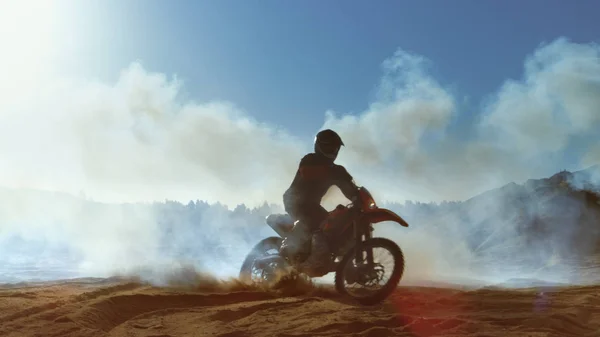 Professionell Motocross Fmx Motorcykel Rider Enheter Genom Rök Och Dimma — Stockfoto