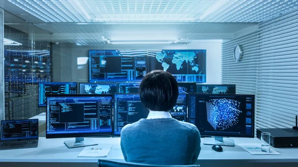 Sistem Denetim veri merkezindeki teknisyen birden çok ekran Neural ağ ve veri madenciliği aktiviteleri ile çalışır. Işık ve tam monitörler Neural ağ çalışma ile üzerlerine odam.
