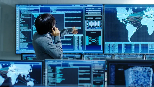 System Control Room Administrator Talks Phone High Tech Facility Works — Stock Photo, Image