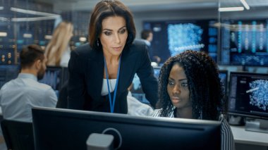 Kadın takım lideri genç bilgisayar mühendisi danışır. Onlar bir kalabalık ofis Neural ağ / yapay iş karar destek sistemi proje.