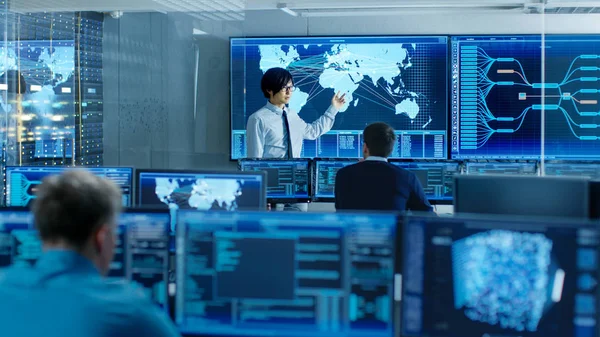 System Control Room Manager Holder Briefing Sine Medarbejdere Arbejde Datacenter - Stock-foto