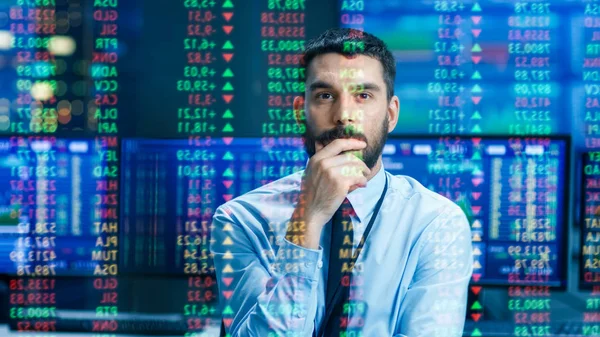 Stock Market Top Trader Looks Projected Ticker Numbers Graphs Running — Stock Photo, Image