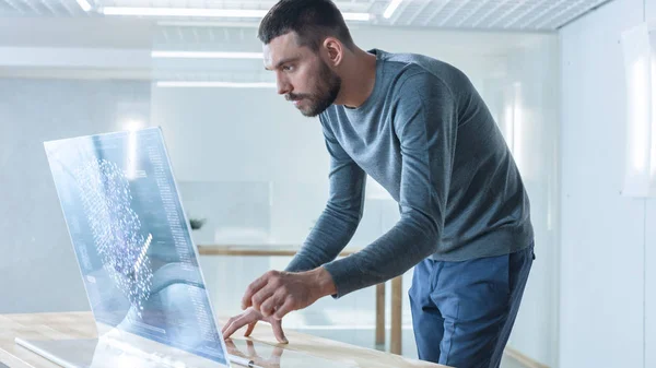 Future Stylish Man Works His High Tech Computer Transparent Display — Stock Photo, Image