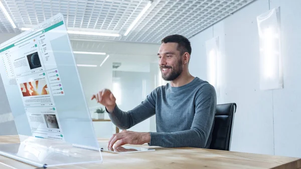 Future Stylish Man Logins His High Tech Computer Transparent Display — Stock Photo, Image