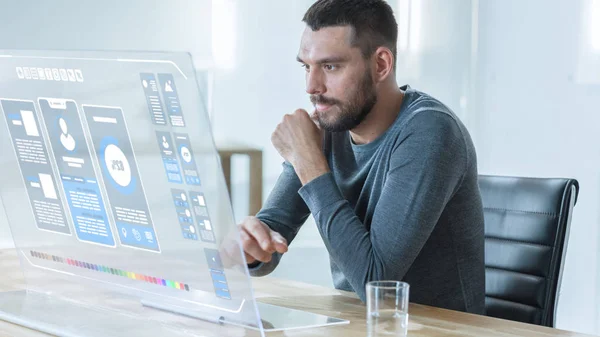 Future Stylish Man Uses His High Tech Computer Transparent Display — Stock Photo, Image