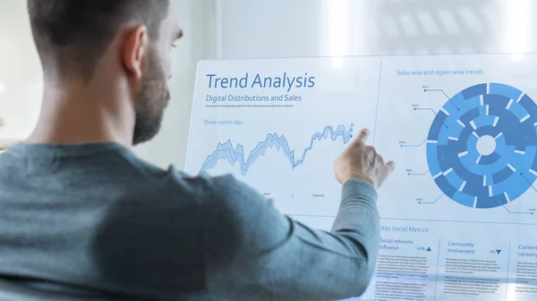 Fremtiden Analyserer Handelsarbeidere Handelsmarkedene Hans Åpenbare Datamaskinvisning Skjermbildet Viser Interaktivt – stockfoto