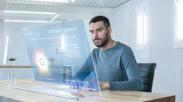 Future Professional Engineer Works Transparent Computer Display Constructing Model Quantum — Stock Photo, Image