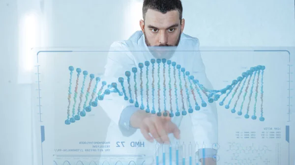 Futuristic Laboratory Male Scientist Works Human Dna Sequence His Transparent — Stock Photo, Image