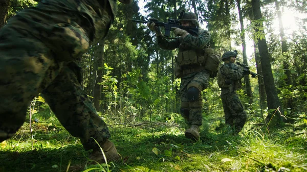五支全副武装的士兵小队在侦察军事任务中伪装 瞄准步枪 他们正在通过密森林进入阵型 中午的低角度视频 — 图库照片