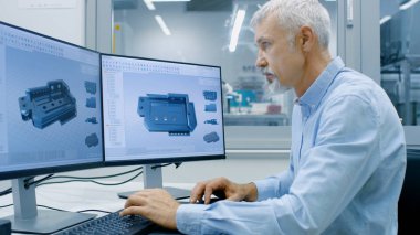 Mühendisi çalışma ile iki göstermek bir kişisel bilgisayarda, o tasarımı yeni temel Cad programı bileşenidir. Ofis pencere bileşenleri üretim fabrikası dışında görünür olduğunu.