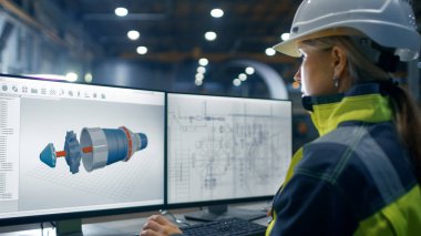 Ağır Sanayi Fabrika içinde kadın mühendis türbin kişisel bilgisayarda çalışır / 3D motoru projesi kullanarak Cad programı.