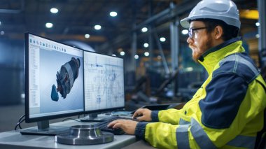 İçinde ağır sanayi fabrikası endüstri mühendisi türbin tasarlama kişisel bilgisayarda çalışır / motoru 3d Cad programı kullanarak.