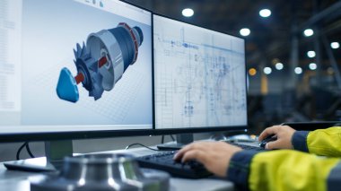 Ağır Sanayi Fabrikası yakın çekim görüntüleri türbin tasarımı iki monitör ile kişisel bilgisayarda çalışan mühendis'ın el içinde / motoru 3d Cad programı kullanarak.