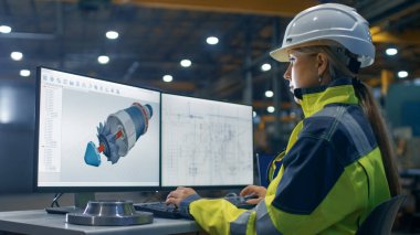 Ağır Sanayi Fabrika içinde kadın mühendis türbin kişisel bilgisayarda çalışır / 3D motoru projesi kullanarak Cad programı.