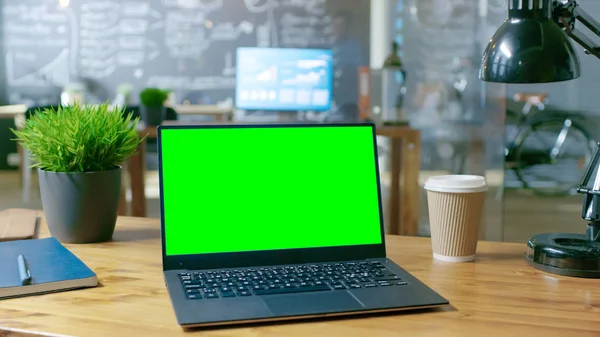 Personal Computer Mock Green Screen Monitor Stands Office Desk Background — Stock Photo, Image