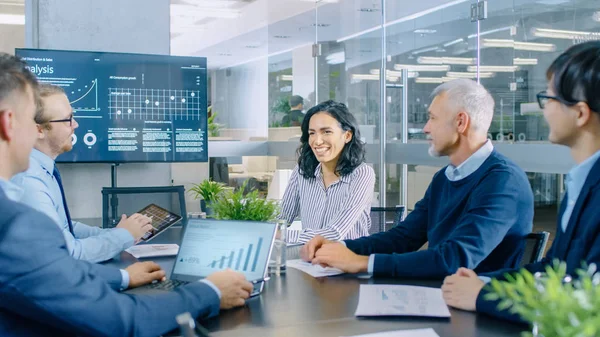 Diverse Team Executives Have Meeting Conference Room Share Opinions Statistics — Stock Photo, Image