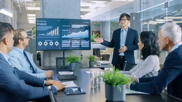 Imprenditore Asiatico Relazione Presentazione Suoi Colleghi Lavoro Indicando Risultati Che — Foto Stock