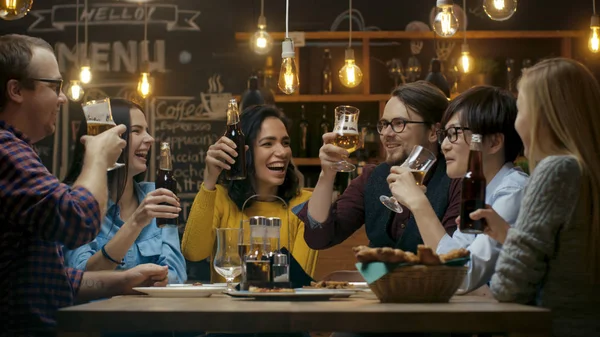 Diverse Group Friends Celebrate Toast Clink Raised Glasses Various Drinks — Stock Photo, Image