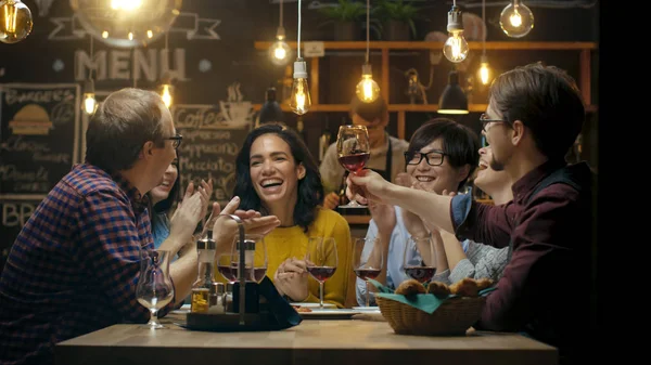 Diverse Group Friends Celebrate Toast Raise Wine Glasses Celebration Beautiful — Stock Photo, Image