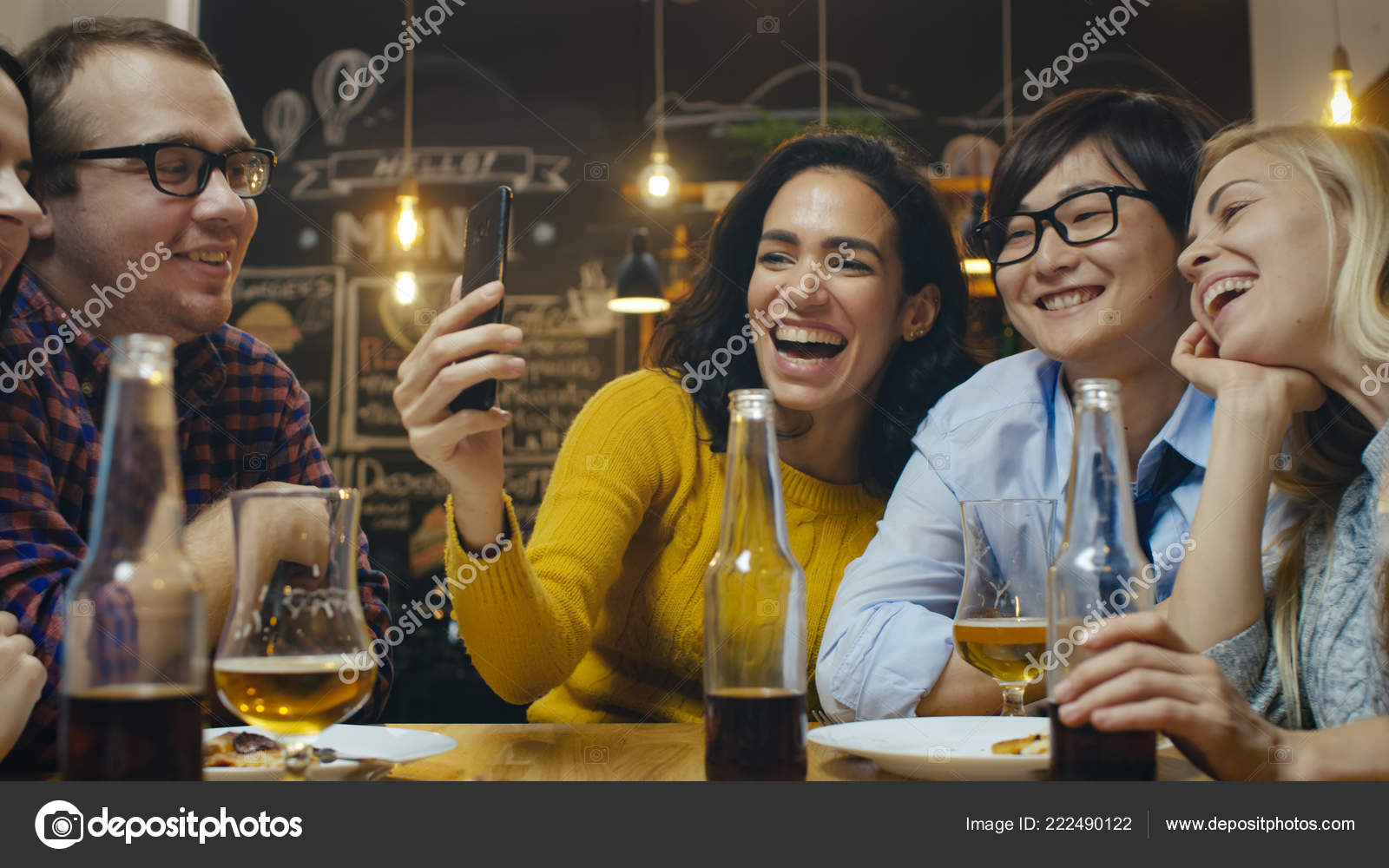 Bar Restaurant Hispanic Woman Makes Video Call Her Friends Group Stock