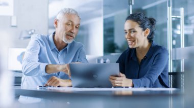 Deneyimli erkek ve kadın ofis işçi tartışmak devam eden proje, bir dizüstü bilgisayarda çalışırken.