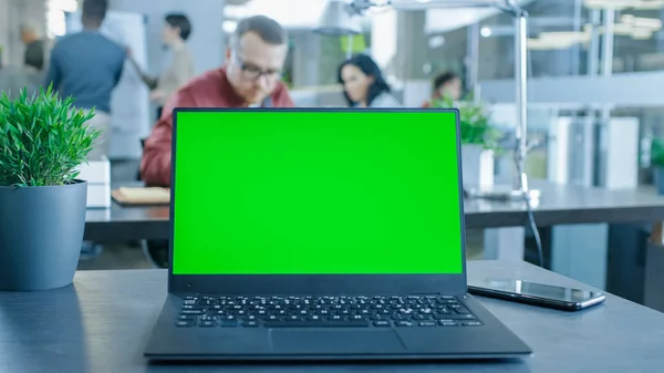 Green Mock Screen Laptop Mesa Segundo Plano Jóvenes Profesionales Creativos —  Fotos de Stock