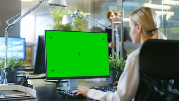 モックアップ グリーン スクリーンとパソコンに彼女の机で事務所実業家の作品 同僚は入るオフィスそして彼の机で行われる — ストック動画