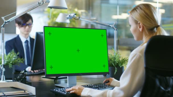 Oficina Empresaria Trabaja Escritorio Una Computadora Personal Con Pantalla Verde — Vídeo de stock