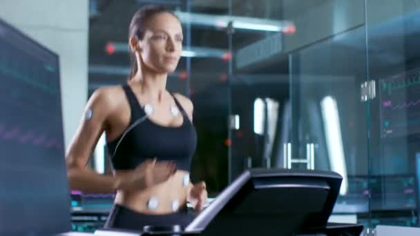 Beautiful Woman Athlete Electrodes Attached Her Running Treadmill Sports Science — Stock Video