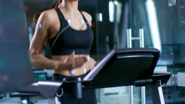 Scientific Sports Laboratory Beautiful Woman Athlete Runs Treadmill Electrodes Attached — Stock Video