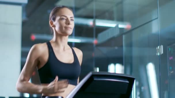 Scientific Sports Laboratory Beautiful Woman Athlete Walks Treadmill Electrodes Attached — Vídeos de Stock