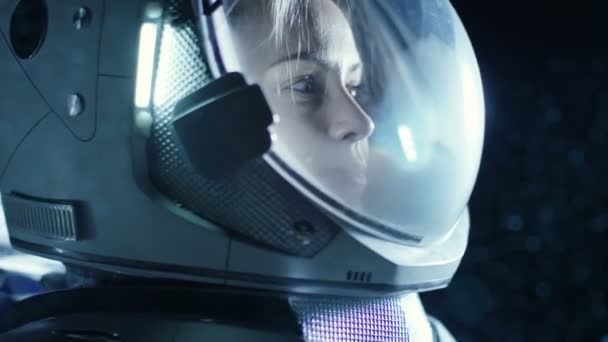 Portrait Shot Courageous Female Astronaut Wearing Helmet Space Looking Wonder — Stock Video