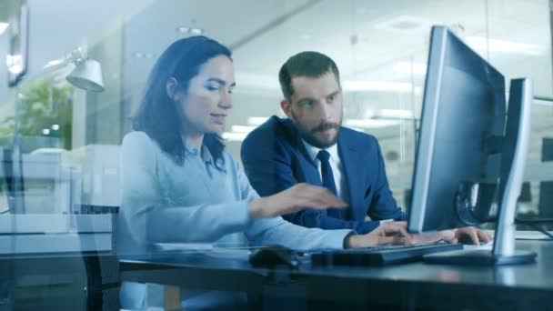 Feminino Contabilista Empresário Masculino Sentado Mesa Tendo Discussão Trabalhando Computador — Vídeo de Stock