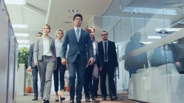 不同的代表 律师团队自信地在公司建设走廊中穿行 在时尚大理石和玻璃办公室解决商人问题的多元文化人群 — 图库视频影像