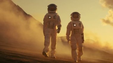 İki astronot uzay giysileri güvenle Mars'ta keşif seferi gezegenin yüzeyinde yürüyüş içinde. Kızıl gezegen kaya, gaz ve duman kaplı. Zorlukların üstesinden insanlar.