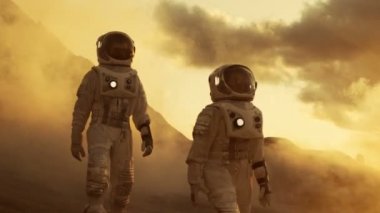 İki astronot uzay giysileri güvenle Mars'ta keşif seferi gezegenin yüzeyinde yürüyüş içinde. Kızıl gezegen kaya, gaz ve duman kaplı. Zorlukların üstesinden insanlar.