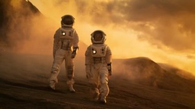 İki astronot uzay giysileri güvenle Mars'ta keşif seferi gezegenin yüzeyinde yürüyüş içinde. Uzay seyahat, gezegen keşfi, kolonizasyon kavramı.