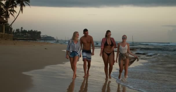 Grupo Meninas Bonitas Homem Andando Longo Praia Conversando Divertindo Pôr — Vídeo de Stock