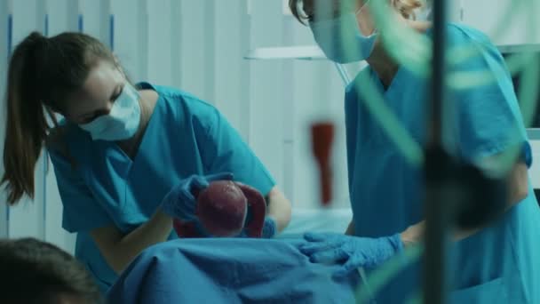 Hospital Mulher Trabalho Parto Empurra Luz Bebê Sai Obstetras Assistem — Vídeo de Stock