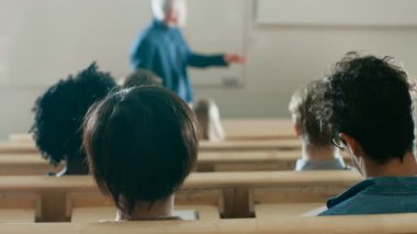 Arkadan görünüşü önemli Profesör okuma ders dinleme sınıfta öğrenciler. Üniversitesi'nde çalışma parlak gençler.
