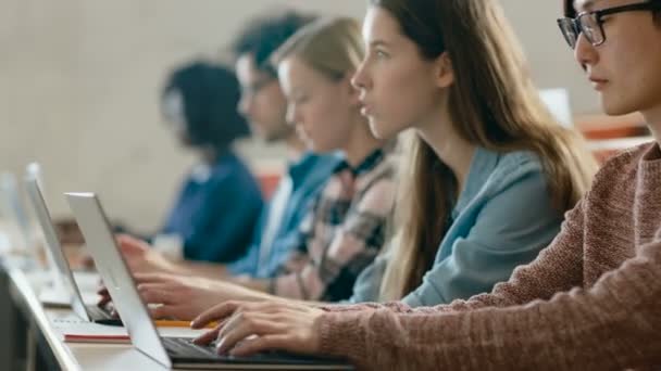 Fila Multi Estudantes Étnicos Trabalhando Nos Laptops Enquanto Ouve Uma — Vídeo de Stock