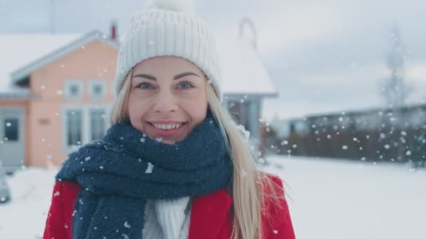 Portrait Young Blonde Woman Red Coat Scarf Smiling Camera While — Stock Video