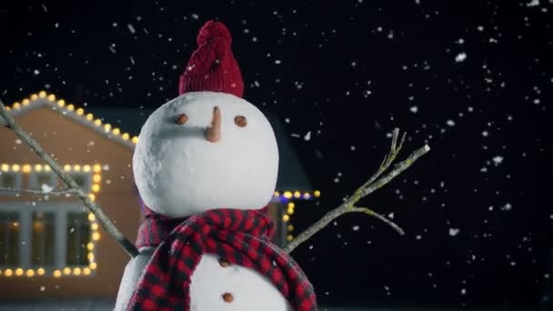 面白い雪だるま帽子とクリスマスイブの花輪で飾られた牧歌的な家の裏庭に立っているスカーフを身に着けています その不思議な冬の夜に雪が降っています — ストック動画