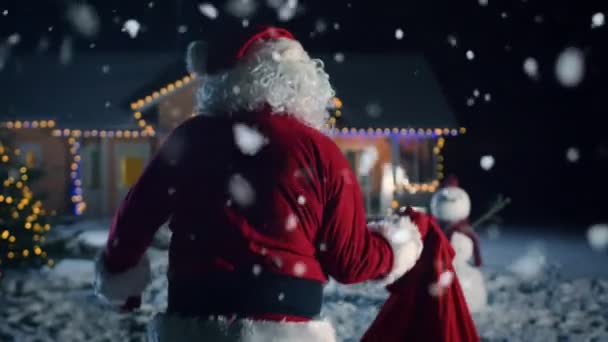 Authentic Santa Claus Carries Red Bag His Shoulder Walks Front — Stock Video