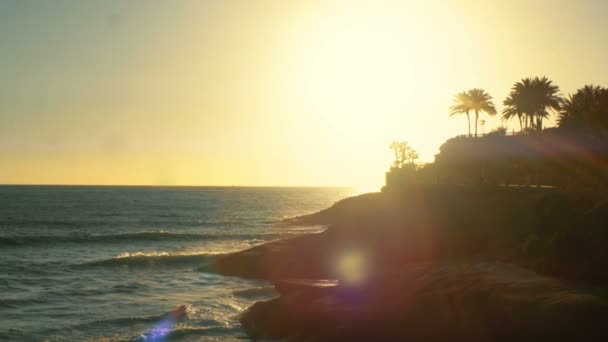 Ocean and Beautiful Rocky Shore in the Sunset. Idyllic Exotics Island cu palmieri și promenadă . — Videoclip de stoc