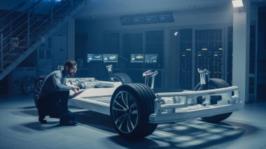 Otomobil Mühendisi çalışma elektrikli araba platformu şasi prototip, 3D CAD yazılım modelleme ile tablet bilgisayar kullanarak. Yenilikçi tesis: tekerlekler, motor, pil ve süspansiyon ile araç çerçevesi