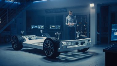 Otomobil Mühendisi çalışma elektrikli araba platformu şasi prototip, 3D CAD yazılım modelleme ile tablet bilgisayar kullanarak. Yenilikçi tesis: tekerlekler, motor, pil ve süspansiyon ile araç çerçevesi