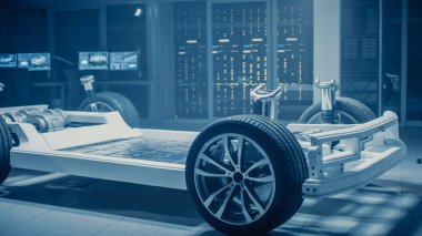 Otomobil mühendisleri tartışmak ve tasarım elektrikli araba şasi platformu, 3D CAD yazılımı ile tablet bilgisayarları kullanarak. Otomotiv yenilik tesis araç çerçevesi tekerlek, motor ve pil ile