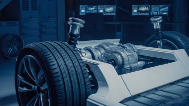 Otomobil kavramı shot: otantik elektrikli araba platformu şasi. Hibrid çerçeve Içerir: tekerlekler, motor, frenler ve pil. Yenilikçi otomotiv tasarım tesisi. Axel ve motor odaklanmak